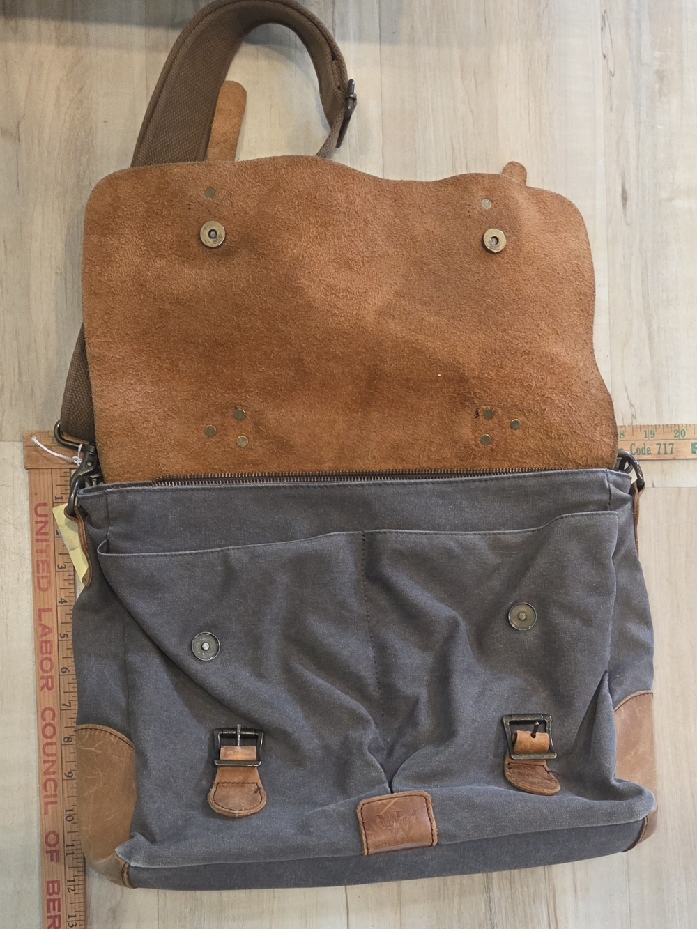 Wowbox Canvas & Leather Messenger Bag in Tan and Gray - Men's Shoulder Satchel - Picture 8 of 13
